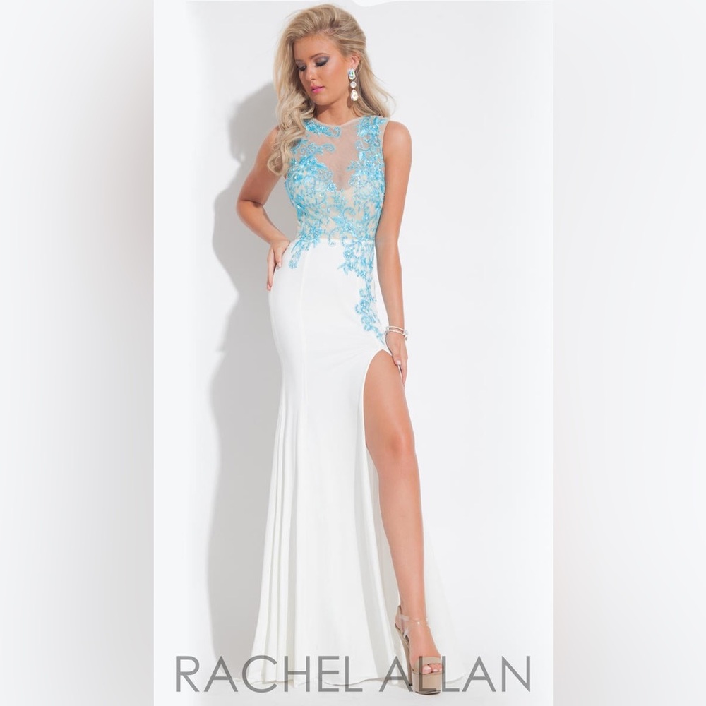 🌟2x Host Pick🌟Women’s Rachel Allan White & Turquoise Long Prom Dress